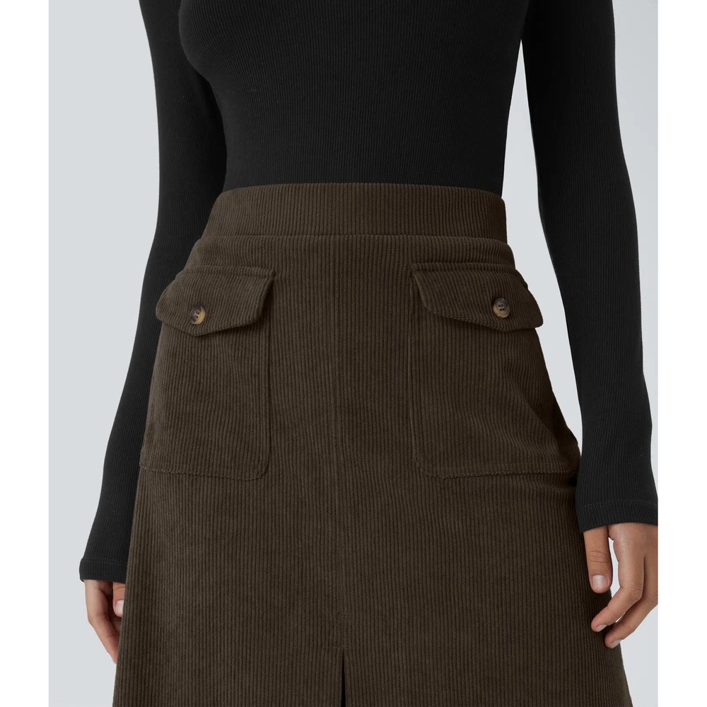 Halara nwt M chocolate brown mid rise midi corduroy skirt office work church - Picture 3 of 5